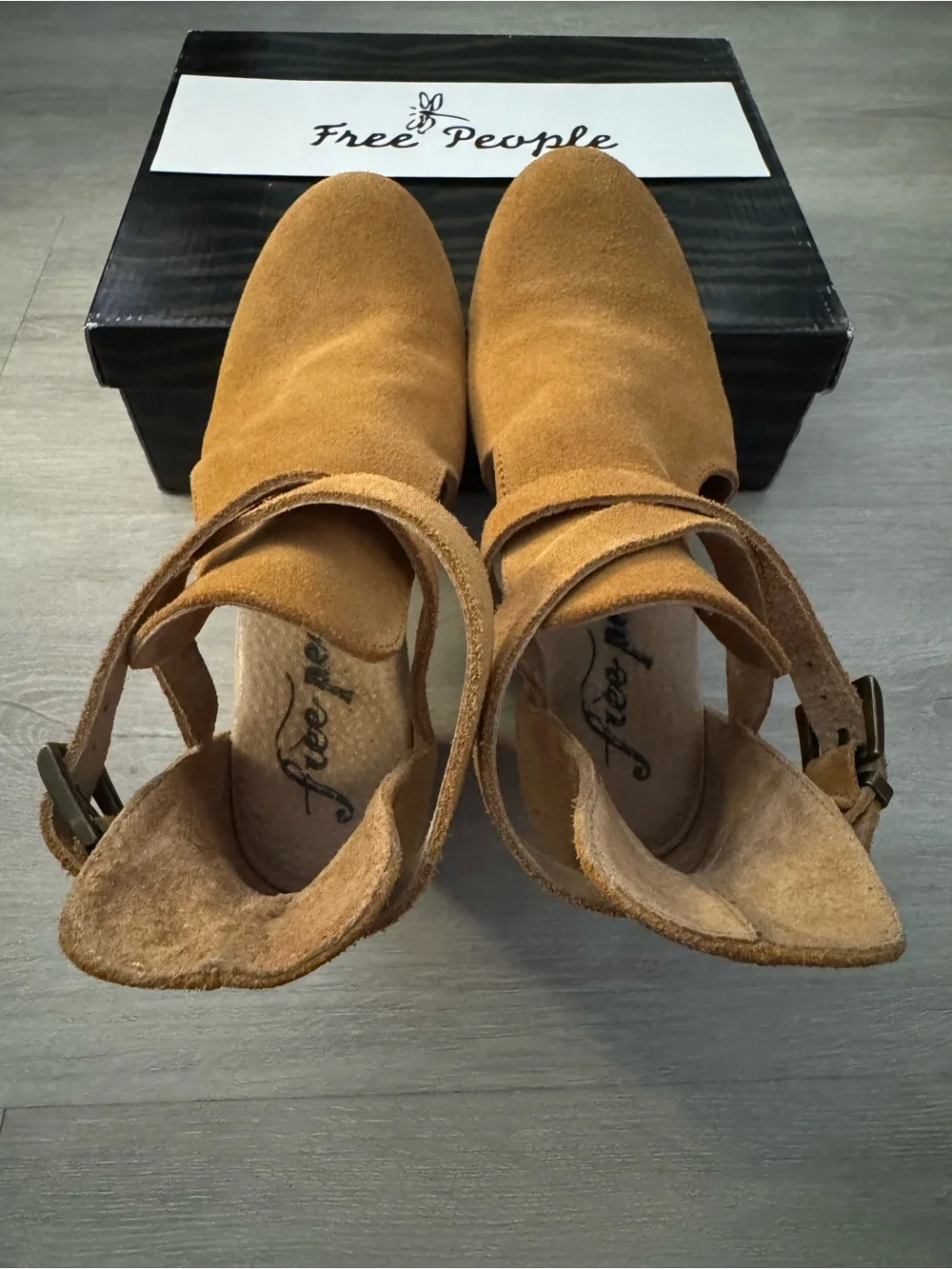 Free People Cedar Clogs, featuring tan suede with a chunky wooden platform heel
